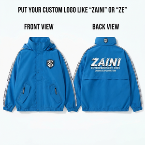 Veste coupe-vent pour homme, imperméable, respirante, coupe-vent, en polyester bleu, avec panneau contrastant, logo imprimé, OEM ODM, hiver, haute qualité - Product Image 1