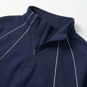 Navy Half Zip <b>Piped</b> Sweatshirt High Neck Raglan Pullover with Contrast White Piping| Premium Fleece Pullover OEM / Private Label - Product Image 3