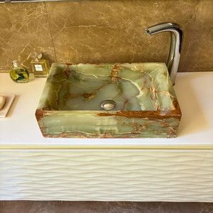 Dark Green Onyx Rectangle Shaped Vessel Sink Natural Stone Basin Brushed Finish Fire Resistant Contemporary Kitchen Dining Bathr - Product Image 1