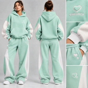 Conjunto Deportivo Informal para Mujer, Sudadera con Capucha Extra Grande de Felpa Verde Menta y Blanca de Secado Rápido, Pantalones Deportivos Anchos - Product Image 2