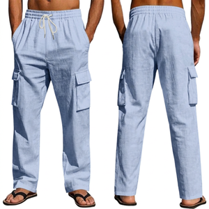 Pantalon en lin et coton gris pour homme, taille élastique avec cordon de serrage, plusieurs poches, coupe décontractée, respirant, pour l'été, style workwear - Product Image 6