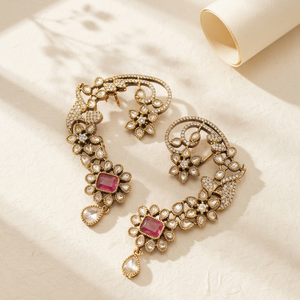 Traditional Brass Imitation Antique Gold Style Kundan <b>Ear</b> <b>Cuff</b> <b>Earrings</b> Pink Moissanite Stones Floral Design for Women Wedding - Product Image 1