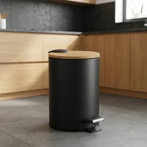 Cubo de Basura Moderno de Metal Negro con Tapa de Bambú Natural y Cubo Interior Extraíble para Cocina, Baño, Oficina y Hogar - Product Image 3