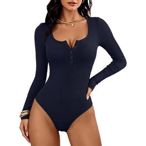 Body de Manga Larga con Cuello Henley y Botones al Frente, Ajustado, Elástico, Cómodo y Transpirable, Color Azul Marino - Product Image 5