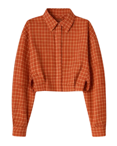 Camisa Corta a Cuadros Naranja Personalizada para Mujer, Cuello Camisero, Manga Larga, Botones, Blusa Informal, Fabricante OEM Personalizado - Product Image 1