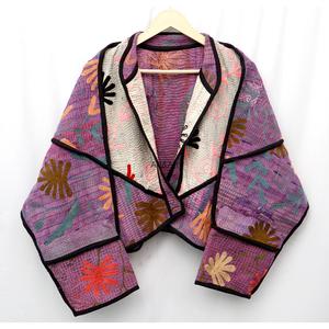 Premium Handmade Cotton Kantha <b>Coat</b> Jacket Vintage Style Short Patchwork Stripe Print Design Mandarin Collar Eco-Friendly - Product Image 5