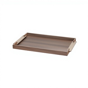 Wholesale Luxury Walnut Wood Serving Tray Bulk Hotel Platter with Elegant <b>Brass</b> Metal Inlay Handles and Modern Slim Design - Product Image 2