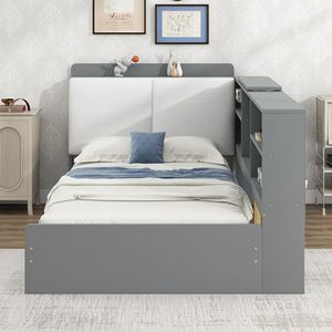 Letto a piattaforma in legno grigio, misura twin, con testiera contenitore, ripiani e 2 cassetti - Product Image 4