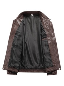 AAFII IMPEX Chaqueta Bomber Unisex de Cuero PU Marrón, Cuello Camisero, Cierre de Cremallera, Corte Regular Informal, Color Sólido, Ropa de Invierno - Product Image 2