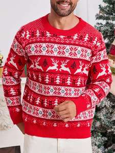 Pull à col rond pour homme, style rétro américain, automne-hiver, pull de Noël, tricot jacquard avec bordure côtelée - Product Image 3