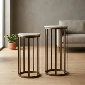 Modern Handmade Round Wooden Side <b>Table</b> with Iron Legs <b>Nesting</b> Design Rajasthan Living Room Furniture - Product Image 1