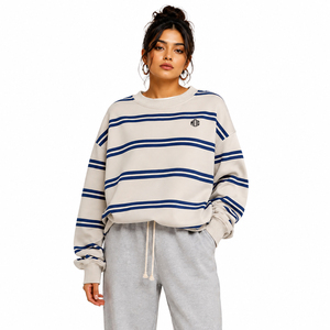 Sudadera de Manga Larga para Mujer, Cuello Redondo, Rayas, Algodón, Felpa, Hombros Caídos, Corte Holgado, Estilo Urbano, con Impresión de Logotipo Personalizado - Product Image 2