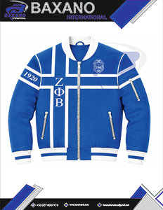 Chaqueta Universitaria para Mujer Zeta Phi Beta, Azul y Blanca, con Letras Griegas Bordadas, Cierre Frontal, Estilo Preppy, Cuello y Puños con Letras - Product Image 4