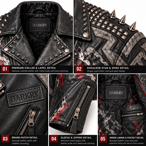 Custom Men Real Leather Biker Jacket Heavy Metal Punk Spiked <b>Studded</b> Gothic Skeleton Graphic Grim Reaper Painted Outerwear Coat - Product Image 6