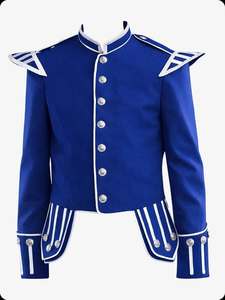 เสื้อแจ็คเก็ตสก็อตแลนด์ไฮแลนด์สีน้ำเงินสำหรับผู้ชาย ชุดเครื่องแบบวงโยธวาทิต พร้อมอีพาเล็ตและกระดุมสีเงิน - Product Image 1