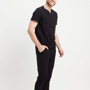 Men's Black V-Neck Cotton <b>Scrub</b> <b>Top</b> with Needle Detection and Seamless Fusing for Hospital Use Professional Workplace Uniform - Product Image 6