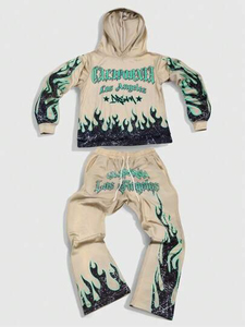 Ensemble survêtement homme coupe slim délavé à l'acide avec pantalon évasé et sweat à capuche patchwork personnalisé, broderie appliquée et effet vieilli - Product Image 1