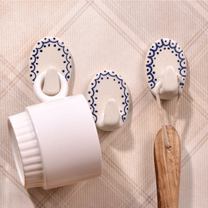 New Arrival Bulk White Adhesive Bathroom Wall <b>Hooks</b> Ceramic <b>Coat</b> <b>Hooks</b> and Hanger Blue Pattern No Drill Wall <b>Hooks</b> HK-2014 - Product Image 3