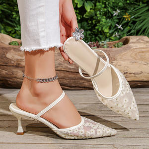 Mules de tacón alto con punta cerrada y recortes para mujer, sandalias de tacón delgado con punta en pico - Product Image 1