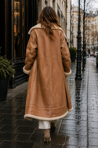 Women Genuine Shearling Long Leather <b>Coat</b> Winter <b>Fur</b> <b>Lined</b> Warm Double Breasted Shawl Collar Outerwear - Product Image 3