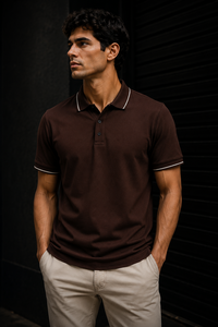 Polo à manches courtes pour homme, couleur unie, tricot piqué, style décontracté, avec col et poignets à bordure blanche - Product Image 4