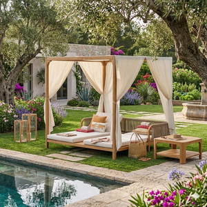 Outdoor Sun Lounger Daybed With Canopy Wood Frame Cushioned Patio Poolside Seating <b>Garden</b> Lounge Furniture - Product Image 1