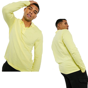 Polo à manches longues pour homme, tricot uni, style décontracté, couleur jaune, coupe classique - Product Image 1