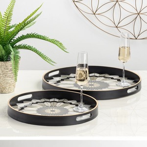 Round Lacquered Storage <b>Tray</b> With Geometric Pattern And Gold Trim For Table Use - Product Image 4
