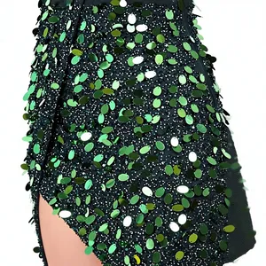 Vestido de cóctel verde bosque con lentejuelas, sin mangas, cuello alto, dobladillo asimétrico, largo por encima de la rodilla, para fiesta y noche - Product Image 6