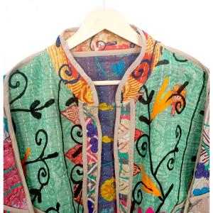 Vintage Bohemian Style Women's <b>Kantha</b> Quilted <b>Jackets</b> Jaipur Embroidery Button Handwoven Printed Cotton Autumn/Winter - Product Image 2