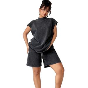 Ensemble 2 pièces décontracté et tendance pour femme, style Wasteland, été : T-shirt à épaules tombantes et short bermuda large 100 % coton écologique - Product Image 1
