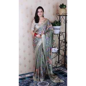 ผ้าไหมทัสซาร์สีเขียวพิสตา ลายพิมพ์ธรรมชาติ ทอแบบซารี ผ้าคลุมไหล่และผ้าพันคอแบบดั้งเดิมของอินเดีย - Product Image 5