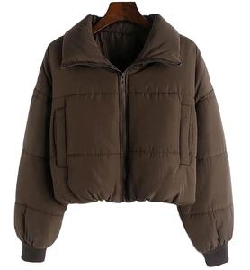 Exclusive Women's Heavy Softshell <b>Winter</b> Cropped Short Bubble Puffer Jacket with Detachable Collar Polyester Filled - Product Image 1