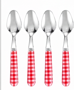 Cucharas de Té de Acero Inoxidable con Mangos de Plástico a Cuadros Rojos, Diseño Retro con Acabado Espejo, Aptas para Lavavajillas, Utensilios para Fiestas - Product Image 1