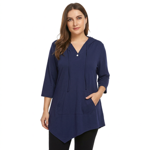 <b>Women's</b> <b>Navy</b> Hooded Tunic Long Sleeve V-Neck Asymmetric Hem Front Pocket Anti-Wrinkle Cotton Blend Knitted Fabric Casual <b>Top</b> - Product Image 2