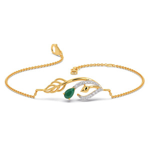 Green Leaf Eye Diamond Bracelet with Yellow Gold Flowing Vine Detail and Sculpted Nature Inspired Center Design - Product Image 1