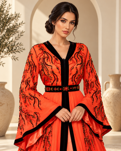 Caftan marocain Mishkat Couture corail orange avec broderie de perles noires et dorées, manches cloche, ceinture en velours, MAXI, élégant pour les fêtes d'hiver - Product Image 2