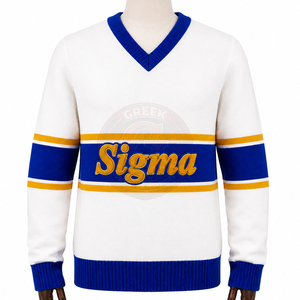Pulls blancs personnalisés pour femmes Sigma Sorority SGRho, rayures bleu roi et jaunes, en chenille grecque acrylique tricotée, col en V, décontracté - Product Image 2