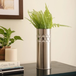 Modern Metal <b>Cylinder</b> <b>Vase</b> With Geometric Cutouts For Home Decorative Plant Display - Product Image 1