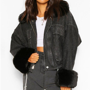 <b>Women's</b> Denim Trucker <b>Jacket</b> with Turn-down Collar Cuffs Winter Full Sleeve Solid Color Single Button Closure Knitted Breathable - Product Image 2