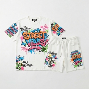 Conjuntos de Camiseta y Pantalones Cortos con Estampados de Grafiti, Estilo Hip Hop Urbano, Unisex, Personalizados al por Mayor - Product Image 5
