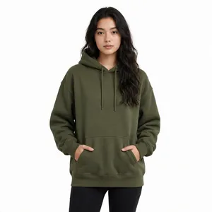 Sudadera con Capucha Extra Grande Color Verde Oliva para Mujer, con Bolsillo Tipo Canguro, Manga Larga, Fabricante OEM de Marca Privada - Product Image 1