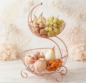 Élégante corbeille à fruits en fil de cuivre à double niveau, bol de rangement en métal avec poignée pour la présentation sur la table de cuisine - Product Image 1