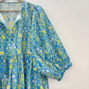 Vestido Casual Midi de Algodón Tejido con Estampado Floral para Mujer, Mangas Abullonadas, Cintura Imperio, Estilo Babydoll, Cuello en V, Corte Holgado - Product Image 3