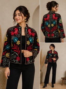 Custom Luxury Handmade Embroidery Velvet Bomber Jacket: Stand Collar <b>Needlework</b> Women’s Casual Wear with Cotton Lining & Pockets - Product Image 3