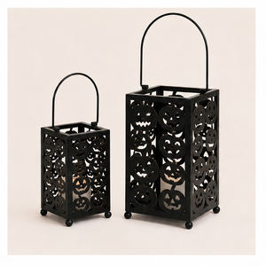Décorations d'Halloween en gros pour l'extérieur : Lanterne porte-bougie en métal noir mat en forme de citrouille, idéale pour les fournitures de fête - Product Image 1