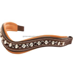 Banda de cejas de caballo acolchada suave de cuero genuino tostado de lujo Costura de contraste y 1 Fila Cristales multicolores redondos Banda de cejas Mega Bling - Product Image 2