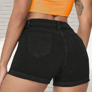 Women High Waist Black Denim Shorts With Rhinestone <b>Decoration</b> Asymmetric Style <b>Summer</b> Wear - Product Image 4