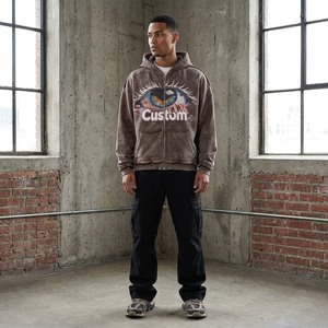 Sweat à capuche zippé pour homme avec imprimé œil personnalisé, coupe oversize, style streetwear, en coton écologique imperméable French Terry, collection automne - Product Image 1