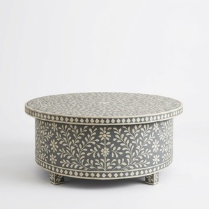 Handmade Black & <b>White</b> Bone Inlay <b>Coffee</b> <b>Table</b> Round Geometric Striped Center <b>Table</b> With Gold Metal Frame For Living Room Decor - Product Image 3